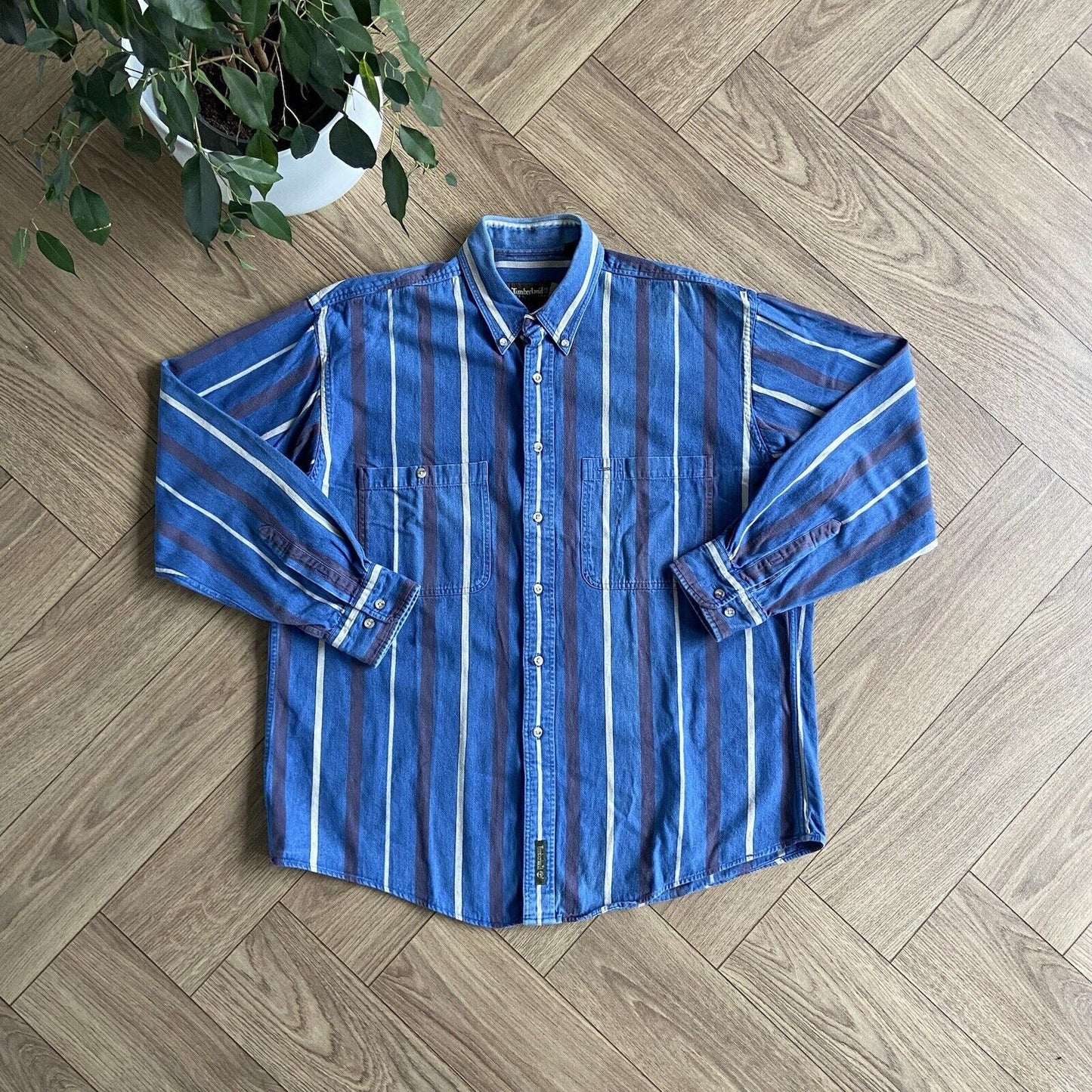 Vintage Timberland Weathergear Striped Shirt 90s Size L Blue Heavy