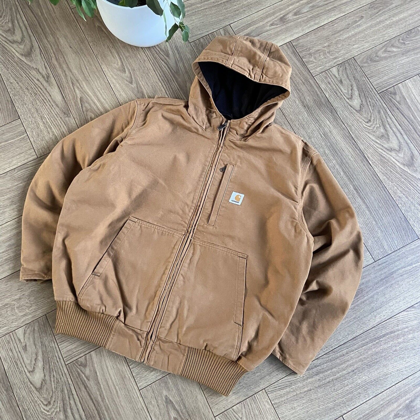 Tan Carhartt Active Jacket Size L Hooded Workwear Fleece Lined