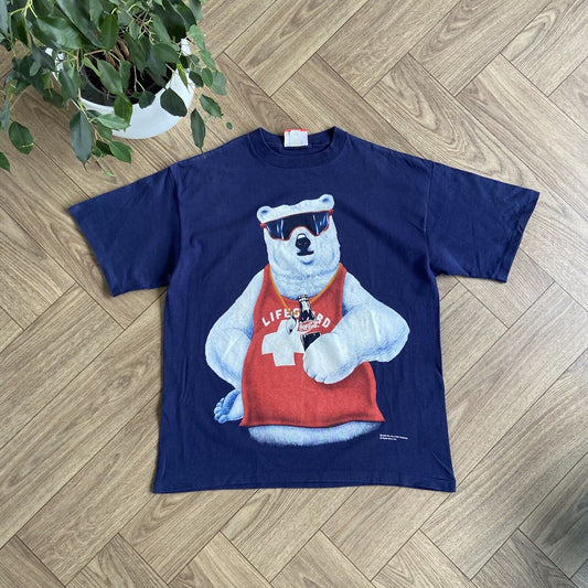 Vintage Coca Cola Polar Bear Single Stitch Graphic T Shirt 90s Size XL Navy Blue