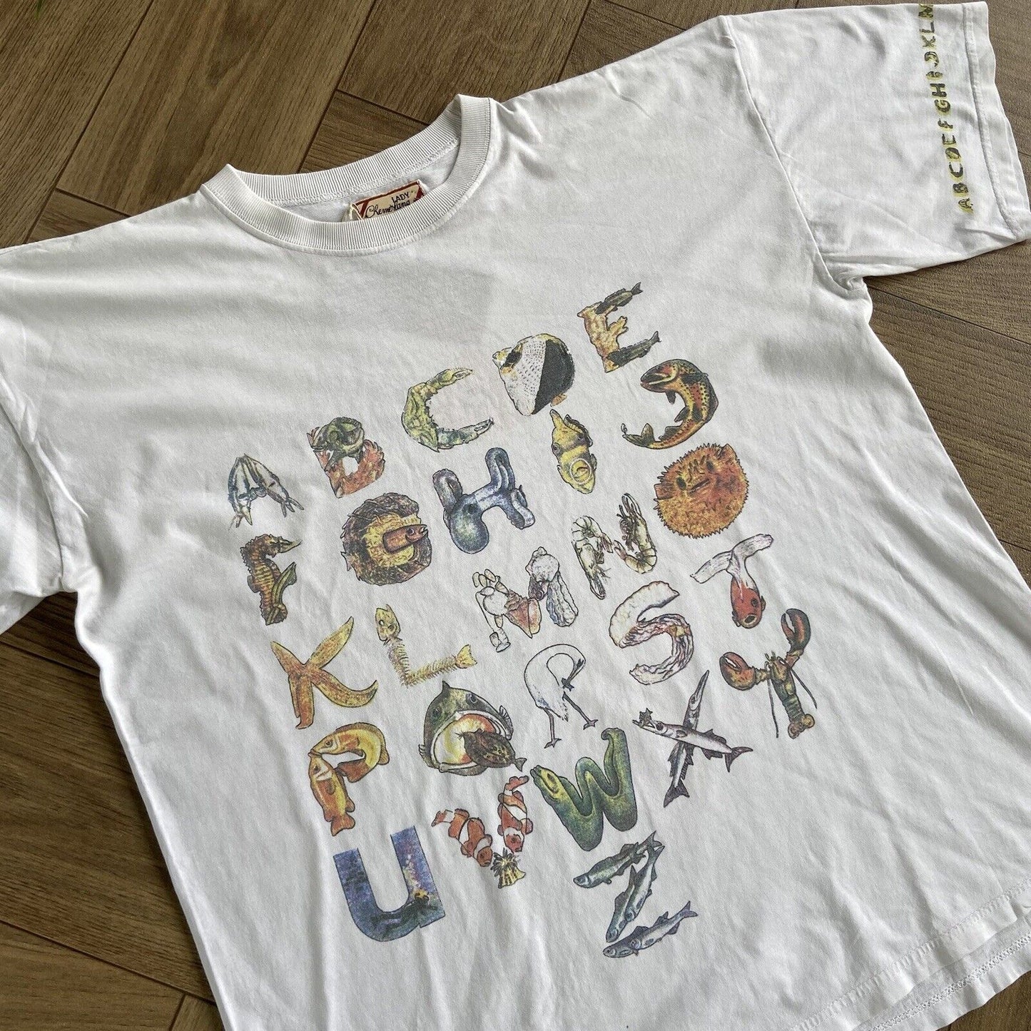 Vintage Fish Alphabet Single Stitch Graphic T Shirt 90s Size M White