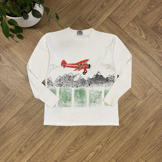 Vintage Rugby T Shirt Size L 80s White Graphic Print Wrap Around Long Sleeve