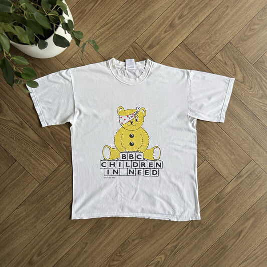 Vintage Pudsey BBC T Shirt Size M 80s White Graphic Print