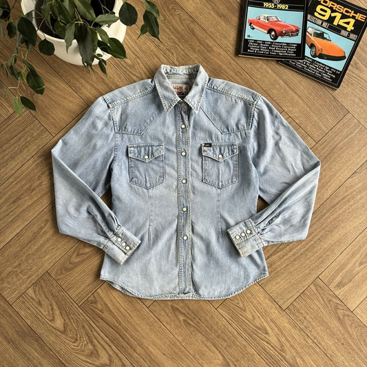 Vintage Lee Denim Western Shirt 90s Women’s Size L Blue Snap Fasten Sawtooth