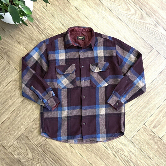 Vintage Lee Wool Check Shirt 80s Size M Burgundy Blue