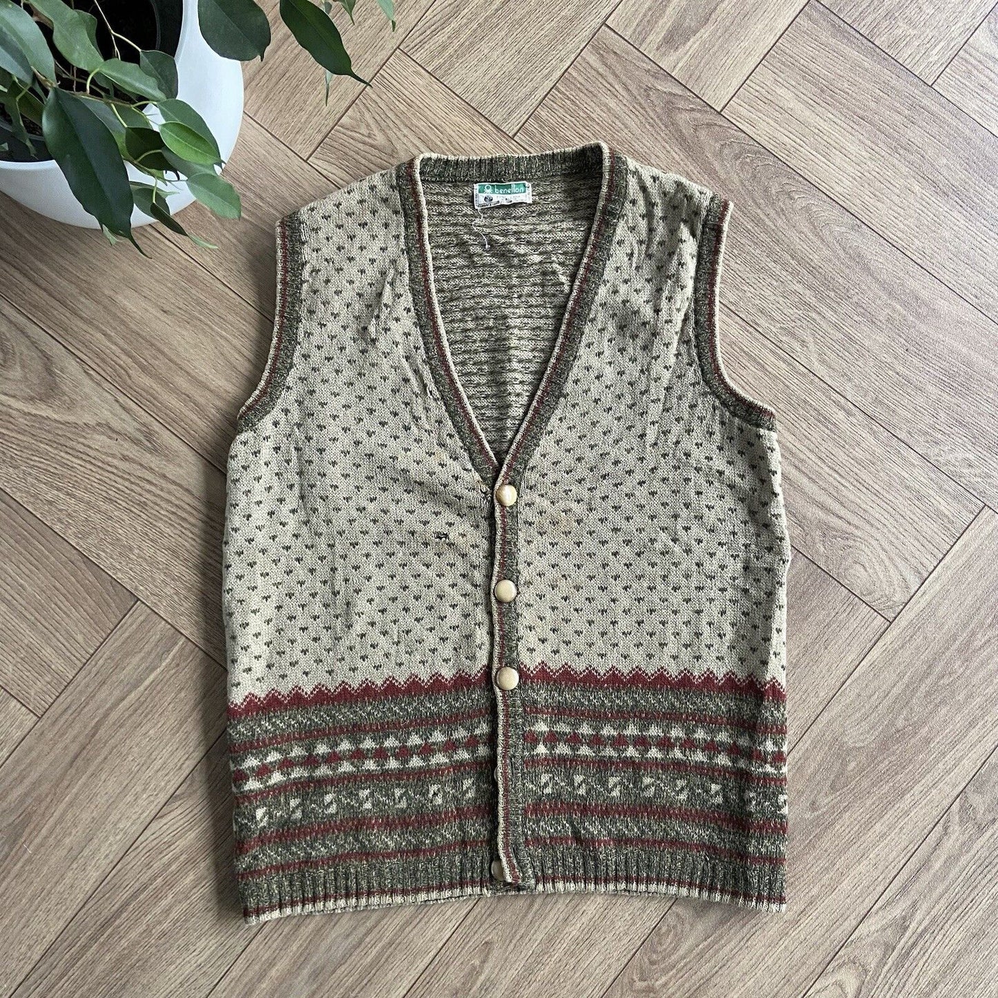 Vintage Benetton Abstract Knit Vest Size L 80s Wool Sweater Khaki Green