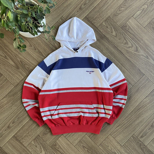 Vintage Polo Sport Striped Hoodie Size L 90s White Blue Red Horizontal Ralph