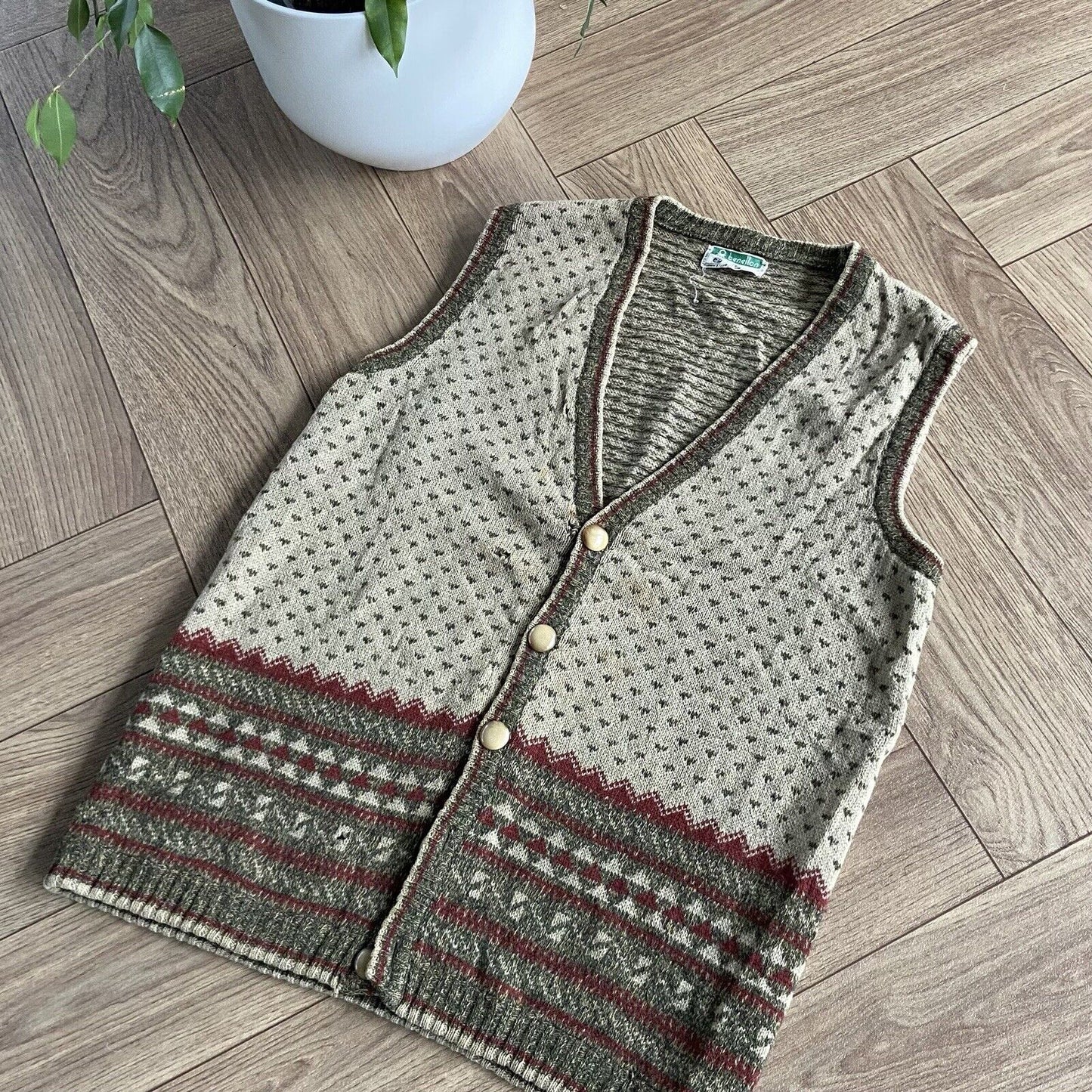 Vintage Benetton Abstract Knit Vest Size L 80s Wool Sweater Khaki Green