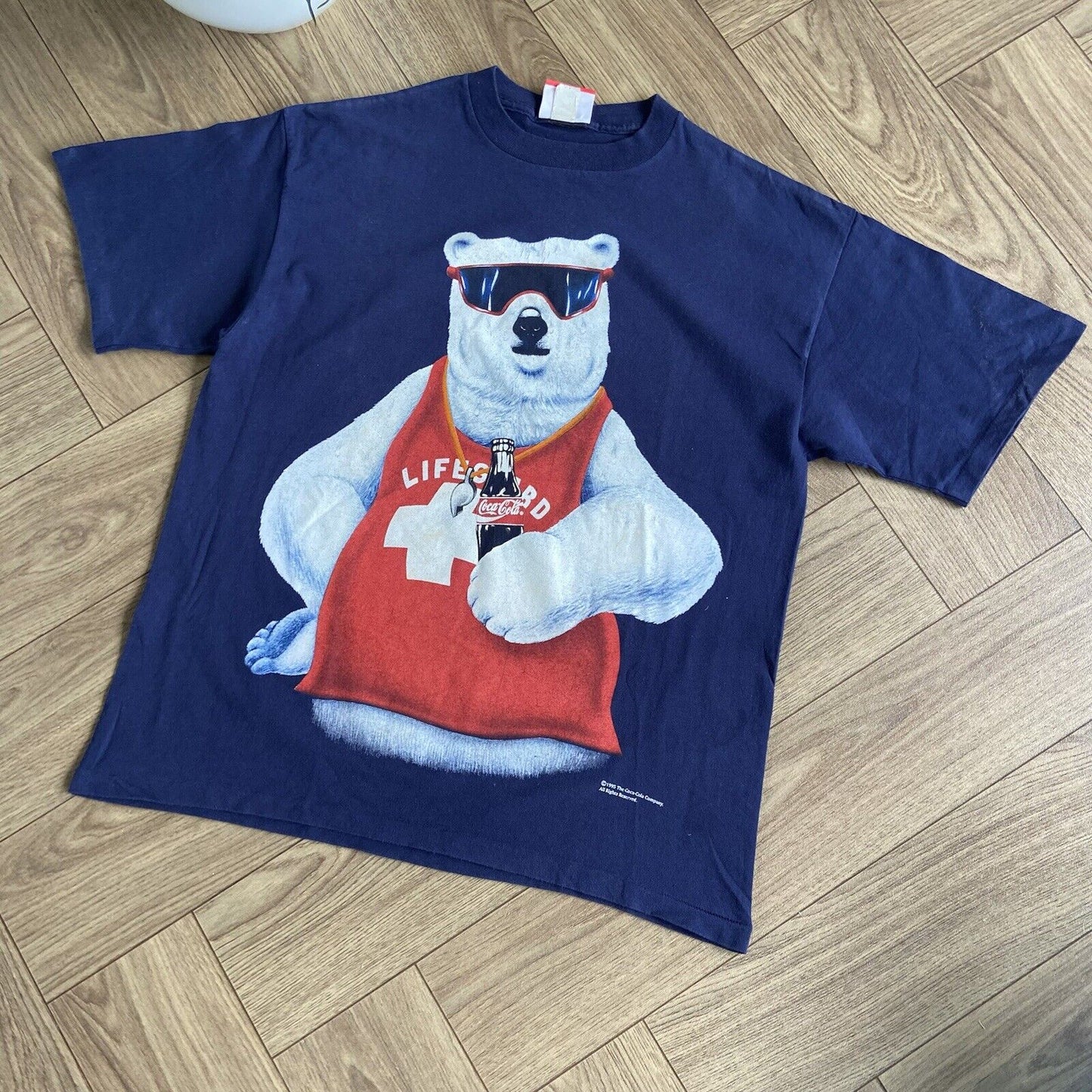 Vintage Coca Cola Polar Bear Single Stitch Graphic T Shirt 90s Size XL Navy Blue