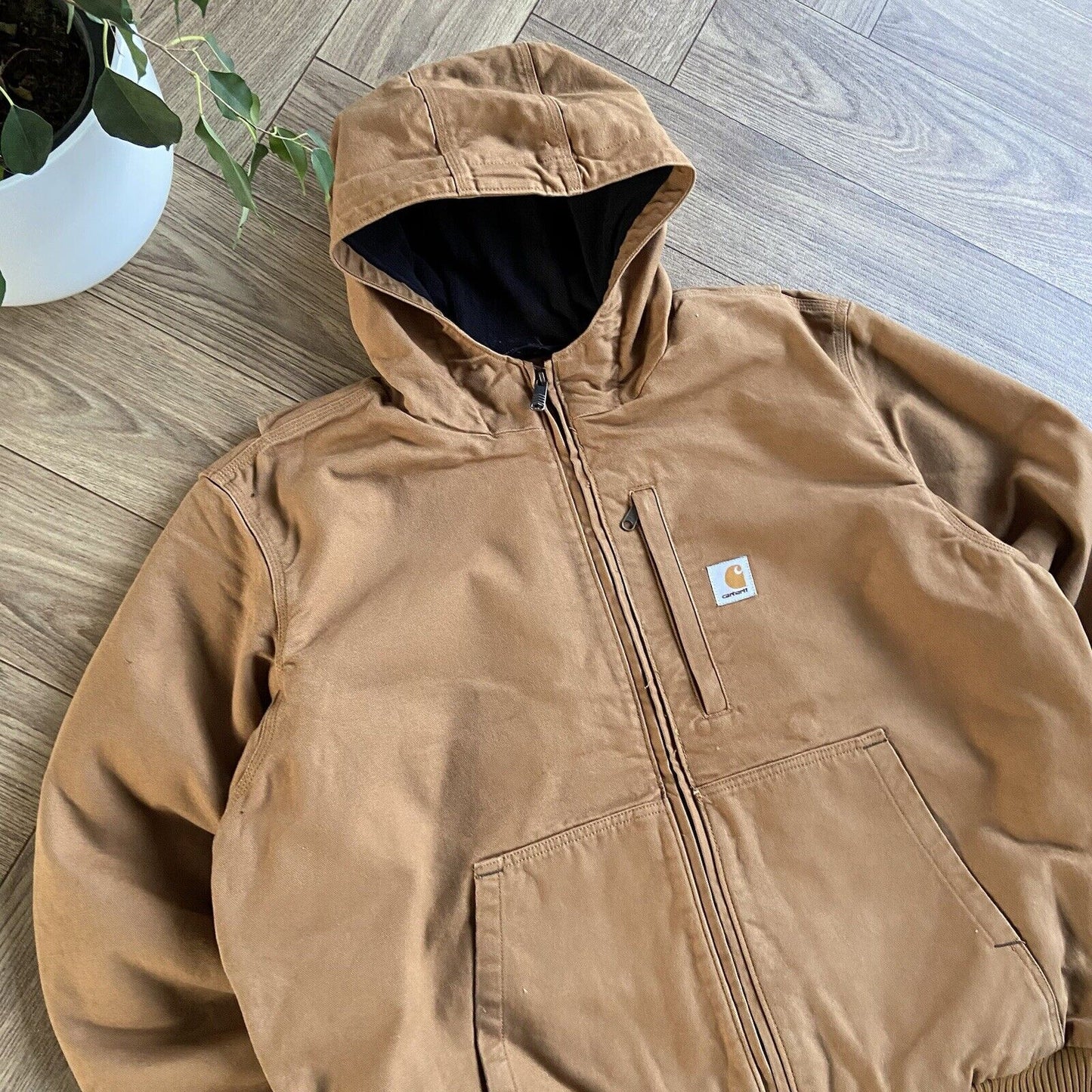 Tan Carhartt Active Jacket Size L Hooded Workwear Fleece Lined