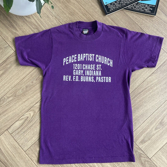 Vintage Peace Baptist Church Single Stitch Graphic T Shirt 90s Size M Purple