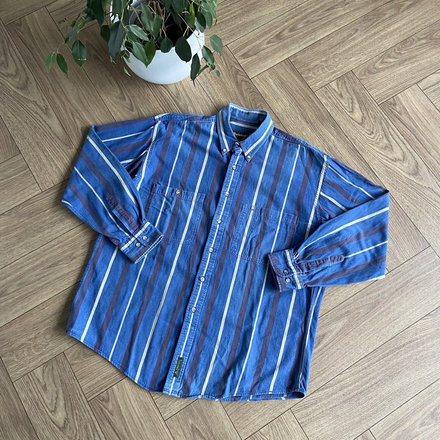 Vintage Timberland Weathergear Striped Shirt 90s Size L Blue Heavy