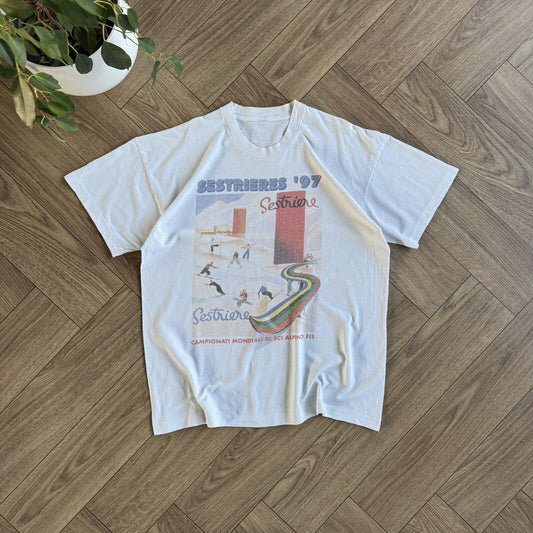 Vintage Italian Skiing T Shirt Size XL 90s White Graphic Print 1997