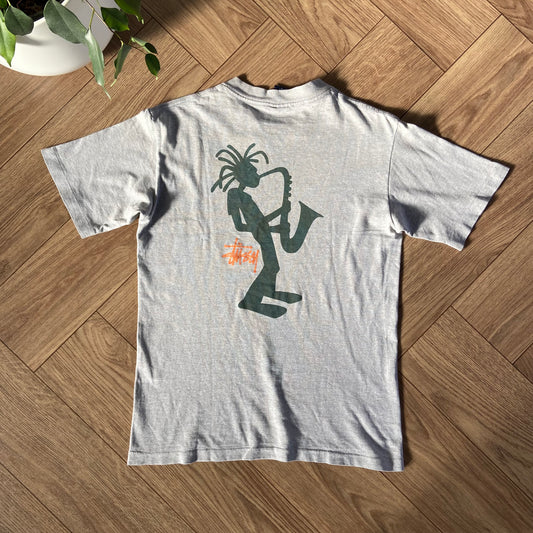 Vintage Stussy Saxophone Man T Shirt 90s Size S Grey Single Stitch Jazz