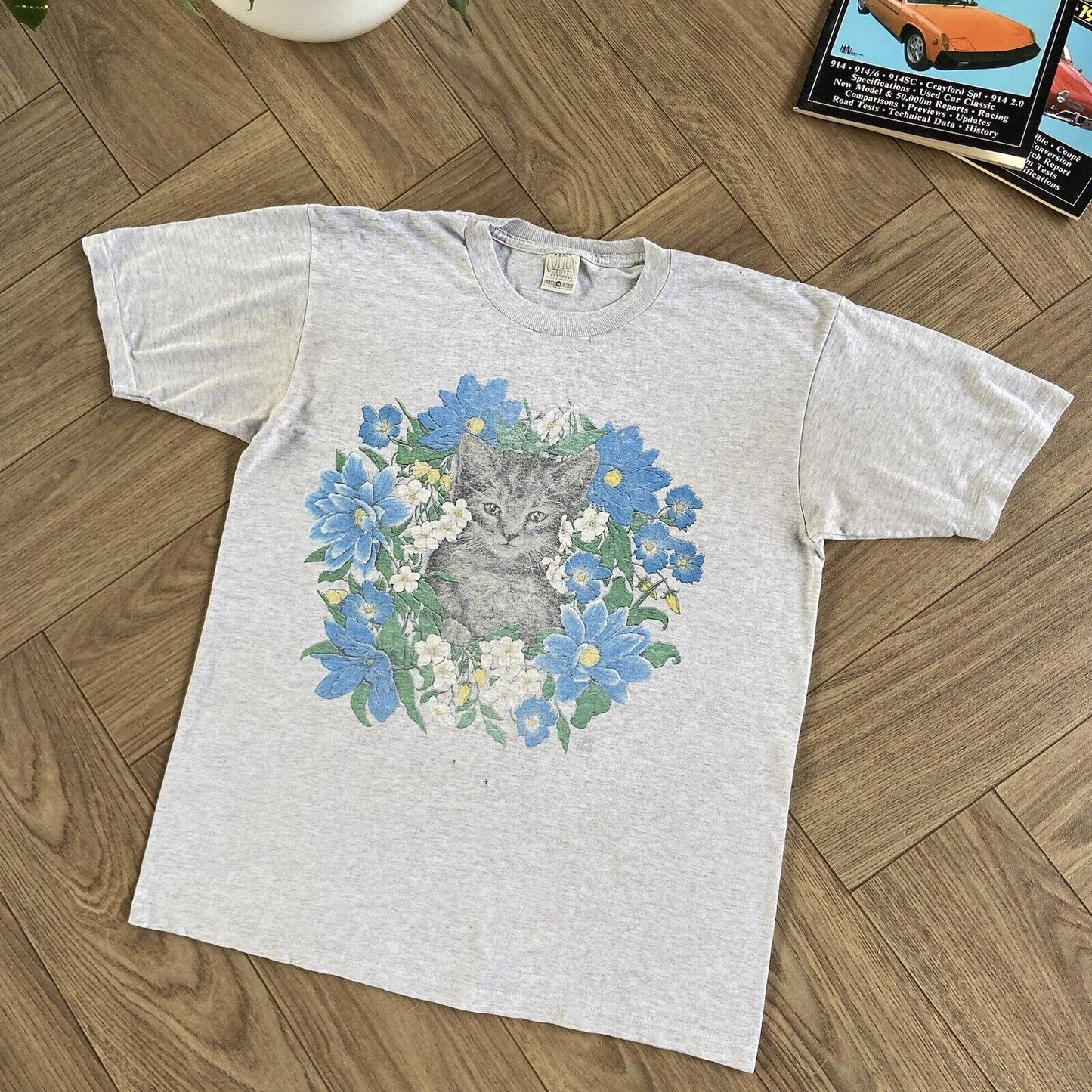 Vintage Cat Single Stitch Graphic T Shirt 90s Size M Grey