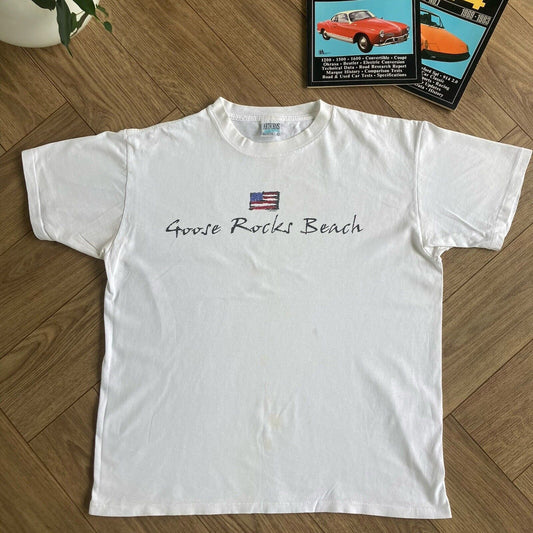 Vintage Goose Rocks Beach Single Stitch Graphic T Shirt 90s Size L White