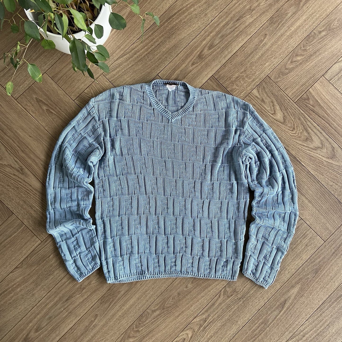 Vintage Fendi Knit Chunky Jumper Size 48 /XL 90s Pullover Blue V Neck Monogram
