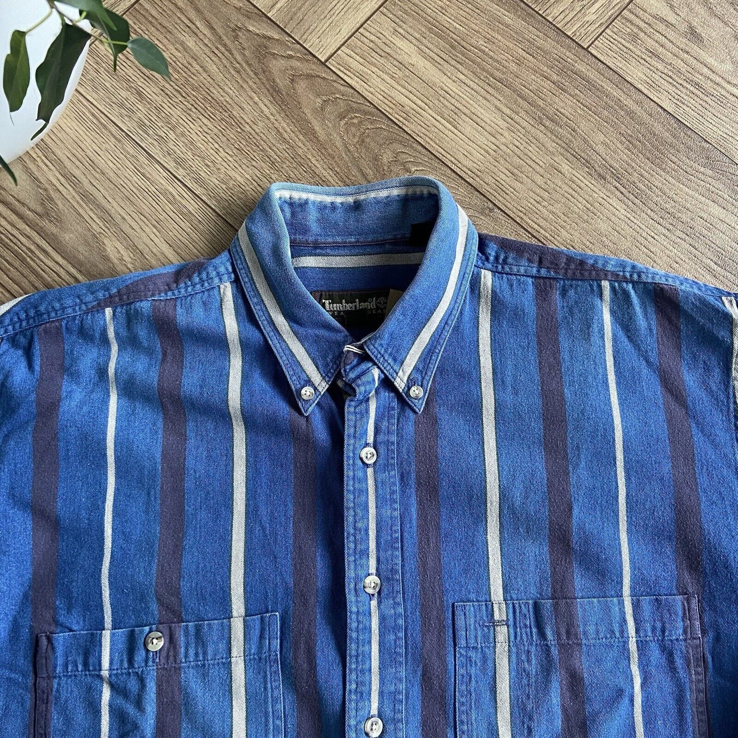 Vintage Timberland Weathergear Striped Shirt 90s Size L Blue Heavy