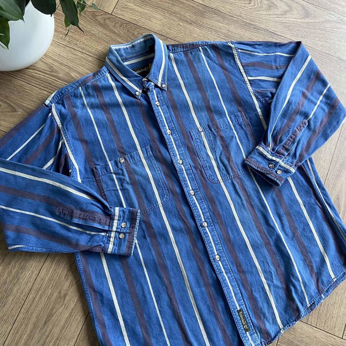 Vintage Timberland Weathergear Striped Shirt 90s Size L Blue Heavy