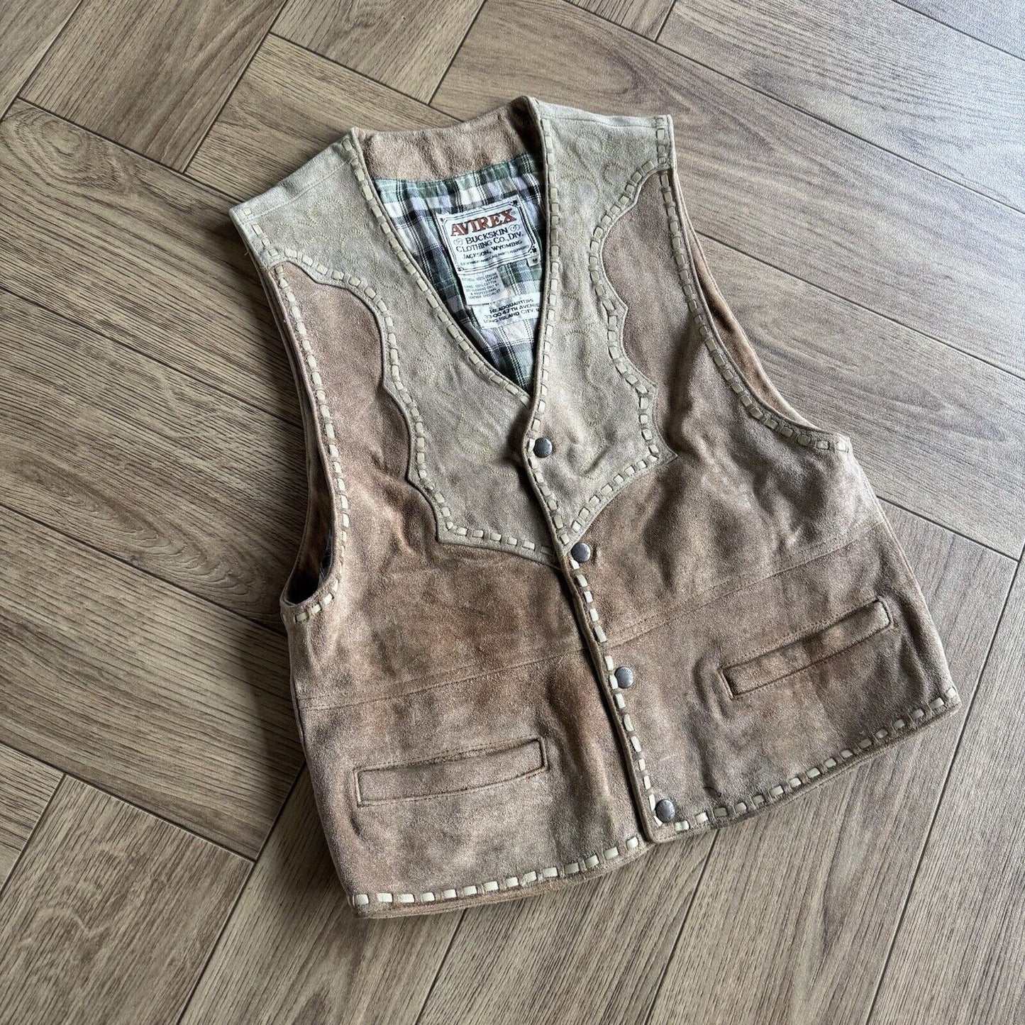 Vintage Avirex Buckskin Suede Vest Size M 80s Tan Western Cowboy Leather