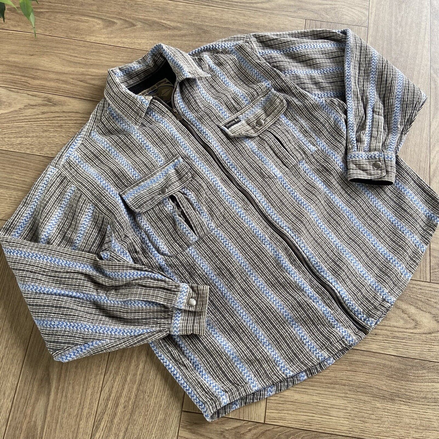 Heavy Thick Pattern Zip Shirt Vintage 90s Size M Beige Blue Stripes