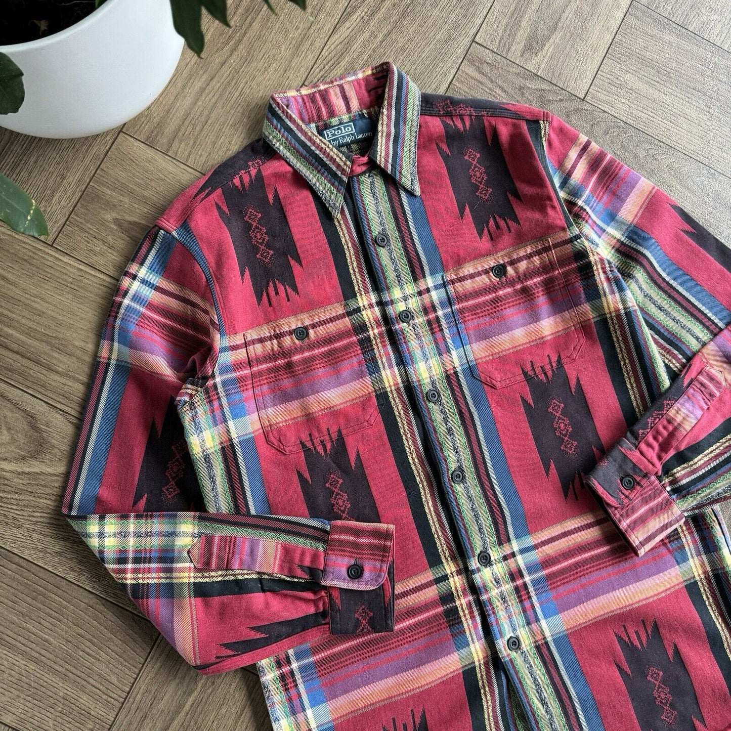 Ralph Lauren Aztec Pattern Shirt 90s Vintage Size S Red Navajo Check