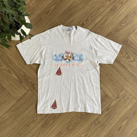 Vintage Sailing Single Stitch Graphic T Shirt 90s Size L Grey