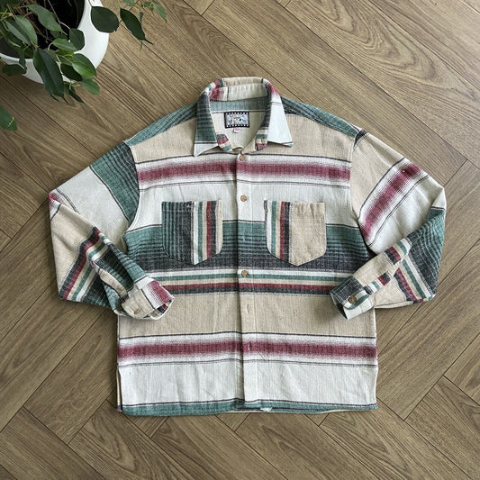 Vintage Navajo Pattern Shirt 80s XL Cream Green Stripe