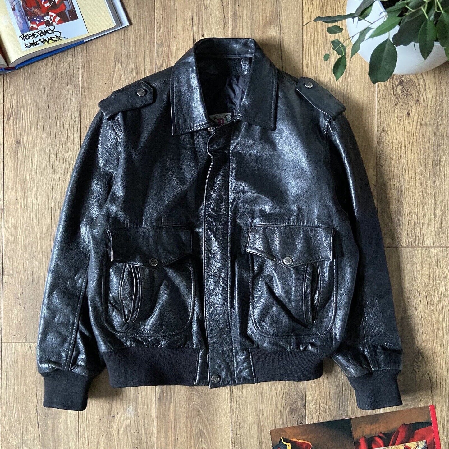 Vintage Linea Pelle Leather Flight Jacket Size XL 80s Black Bomber