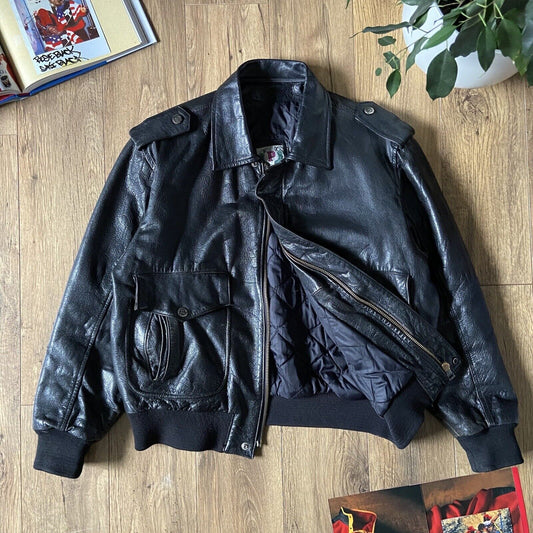 Vintage Linea Pelle Leather Flight Jacket Size XL 80s Black Bomber