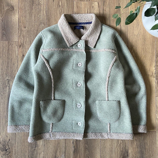 Vintage Sweater Shop Fleece Chore Jacket Size L 90s Green Teddy Sherpa Fleece