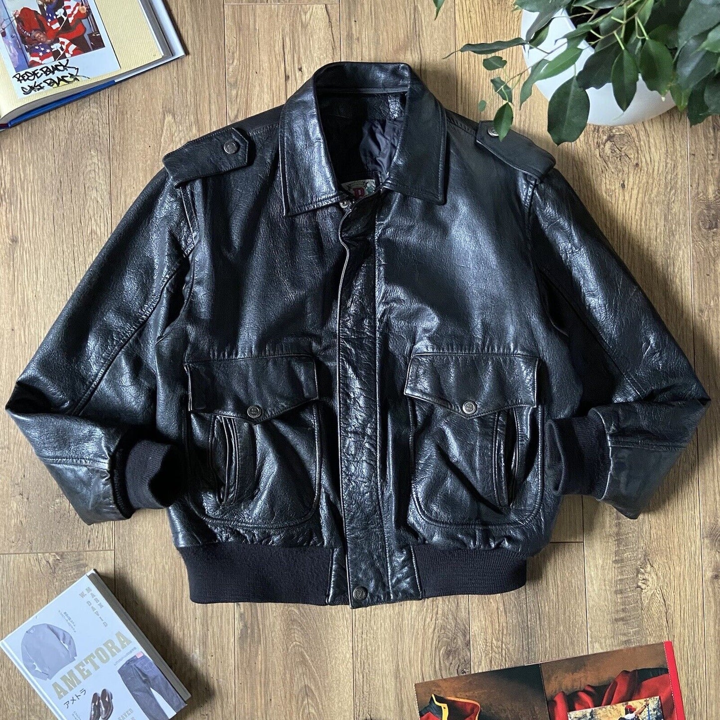 Vintage Linea Pelle Leather Flight Jacket Size XL 80s Black Bomber