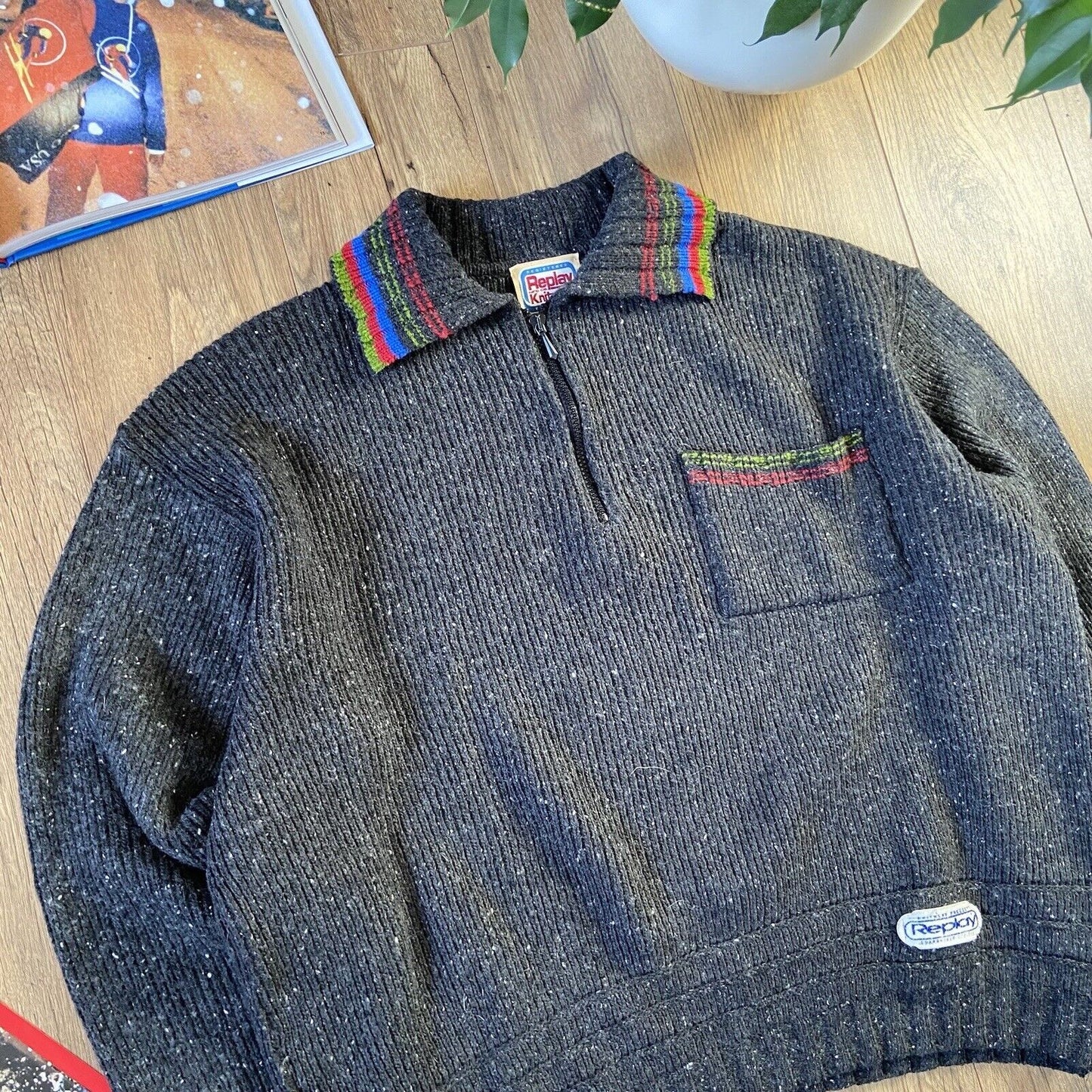 Vintage Replay Collared Knit Jumper Size L 90s Grey