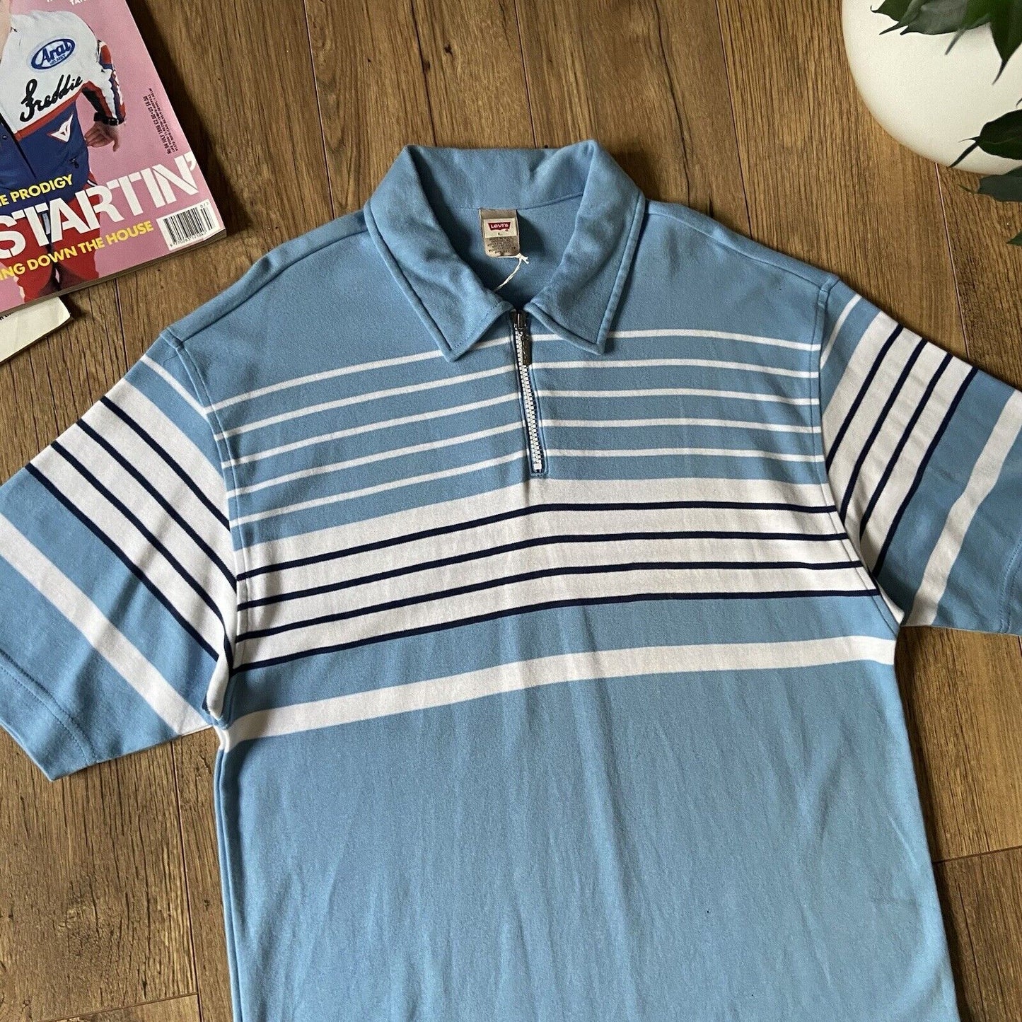 Vintage Levi’s Polo Shirt Size L 90s Blue Striped