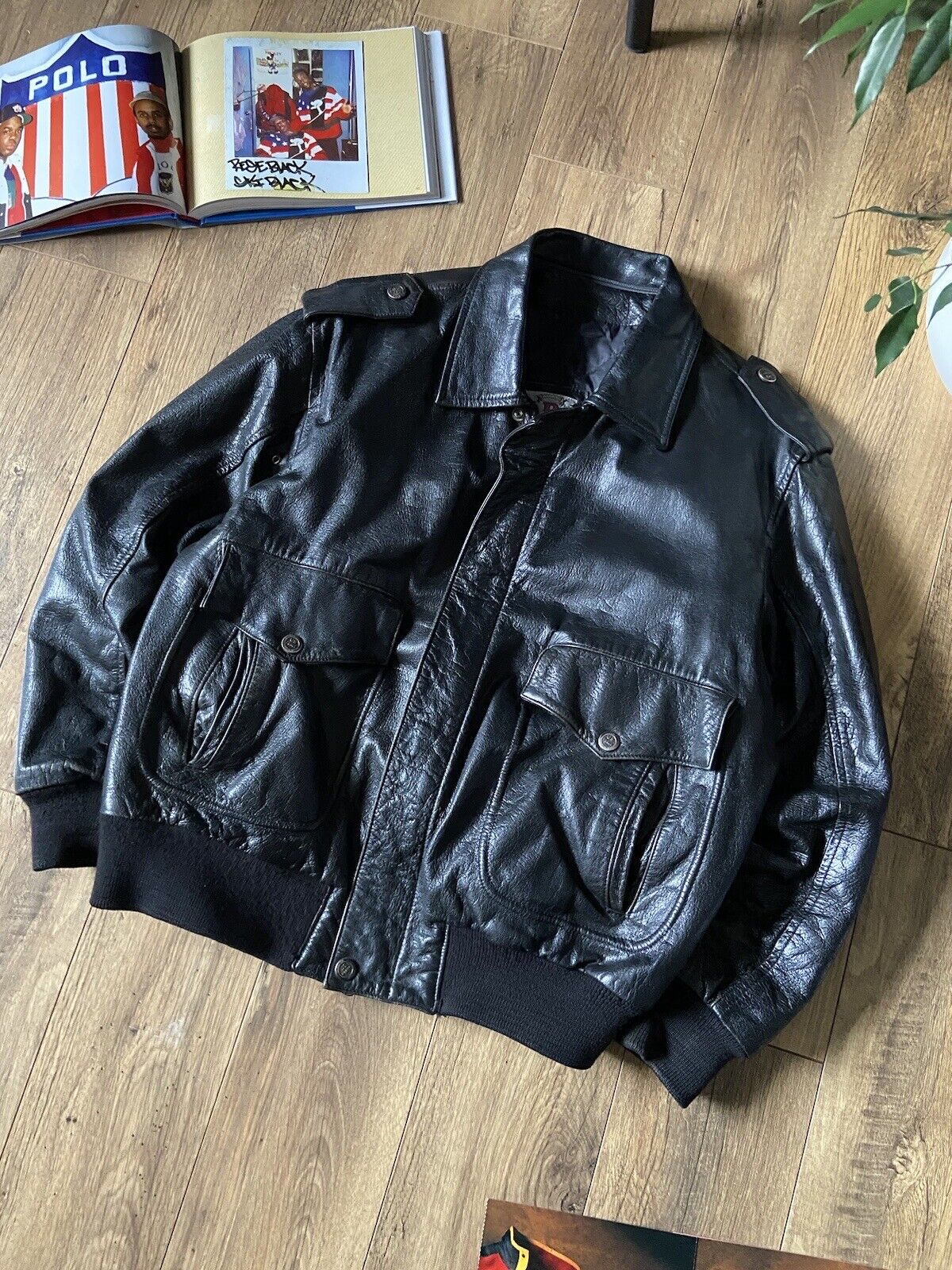 Vintage Linea Pelle Leather Flight Jacket Size XL 80s Black Bomber